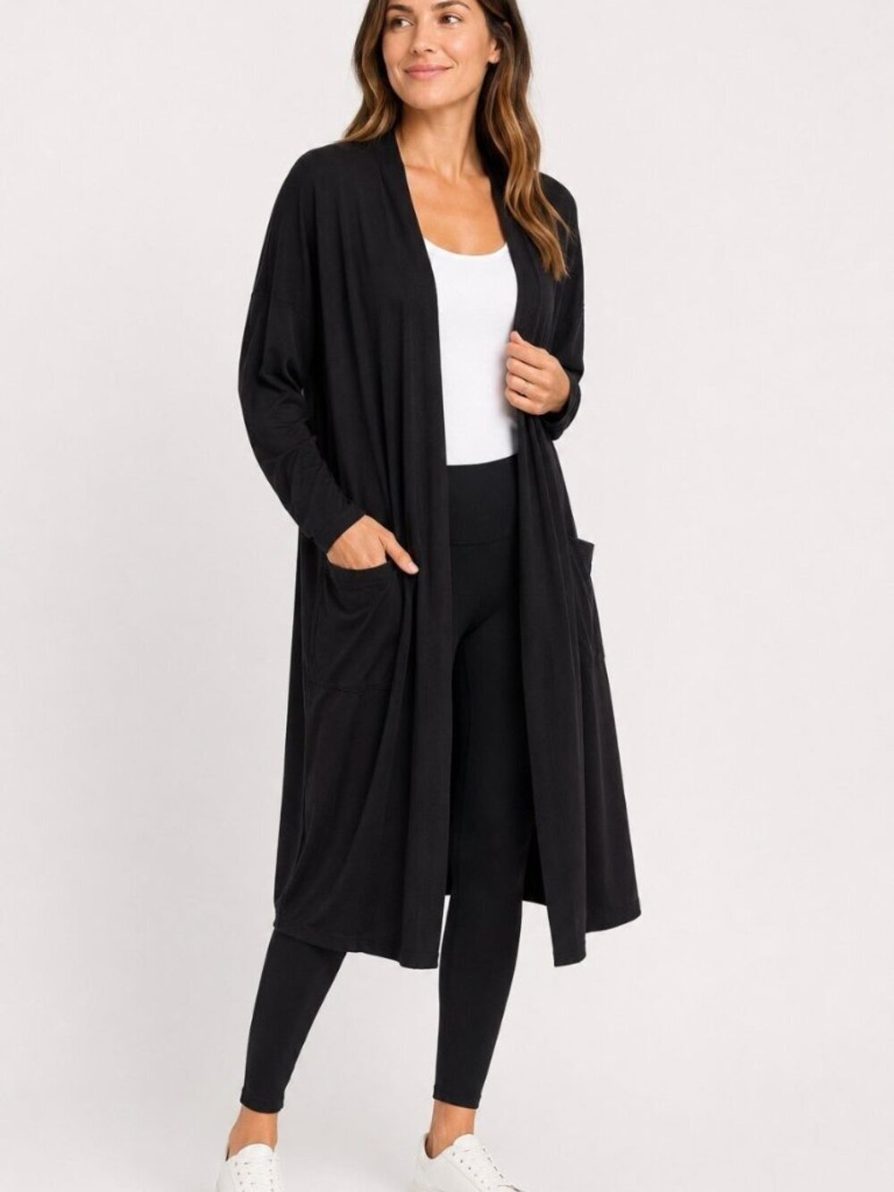 Athleta Black Open Front Longline Cardigan Duster XL Ribbed Knit Athleisure